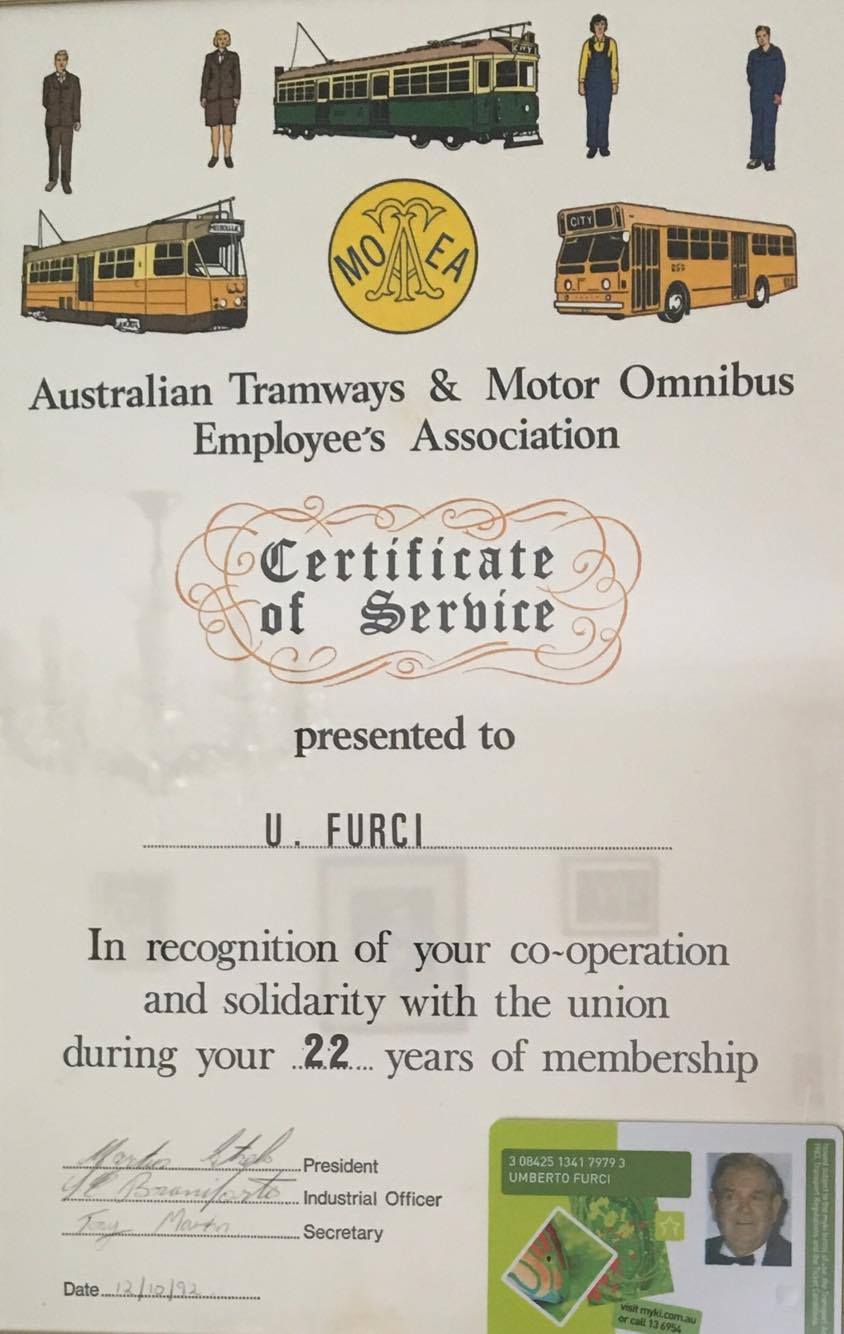 His retirement certificate - given to him by the union. He started at the union around ten years after starting on the trams.